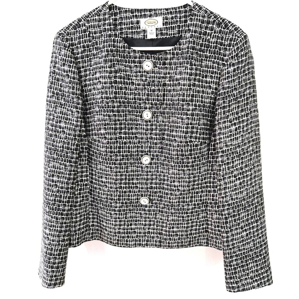 Talbots Size 16P Women’s Blazer Black White Check Lined Button Silk Wool Jacket